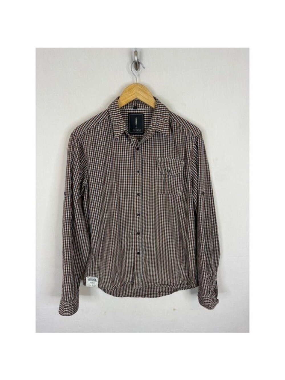 Sitka Mens Brown Gingham Plaid Long Sleeve Button Down Shirt Size Large